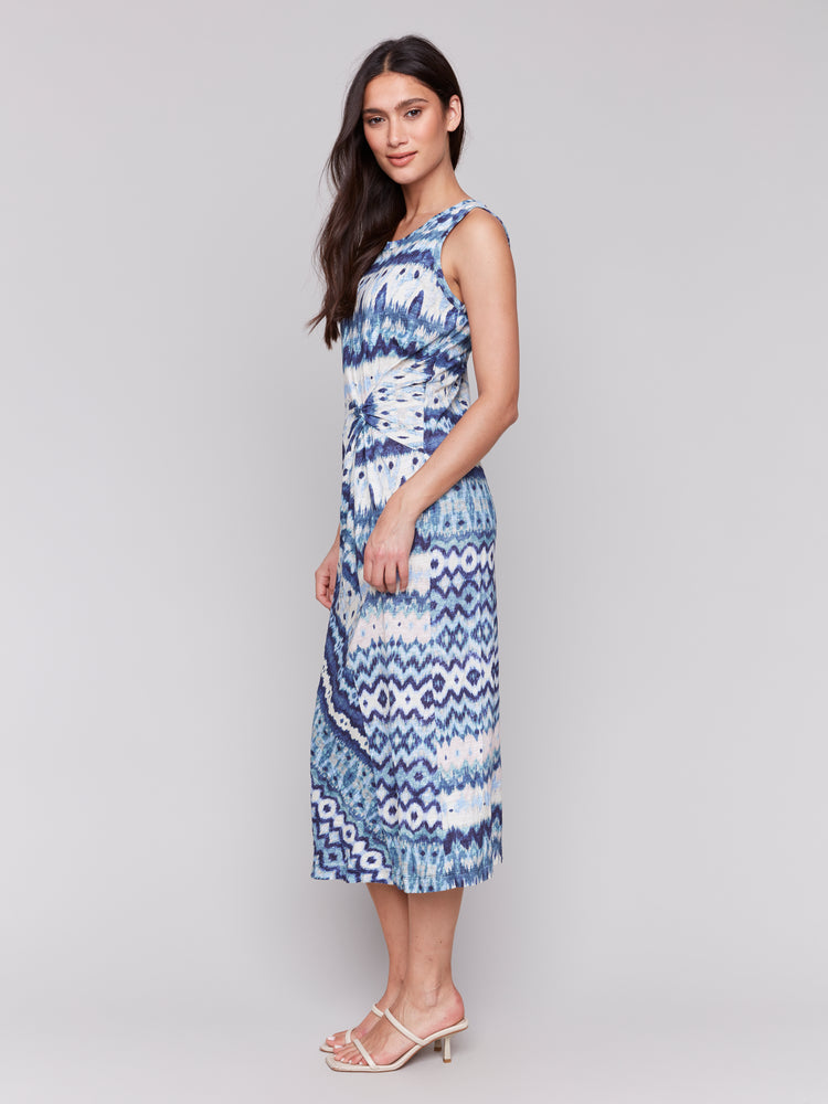 Charlie B Spring/Summer 2025-C3206-251B-Sleeveless Round Neck Dress W/Faux Knot Detail-Lake Tahoe