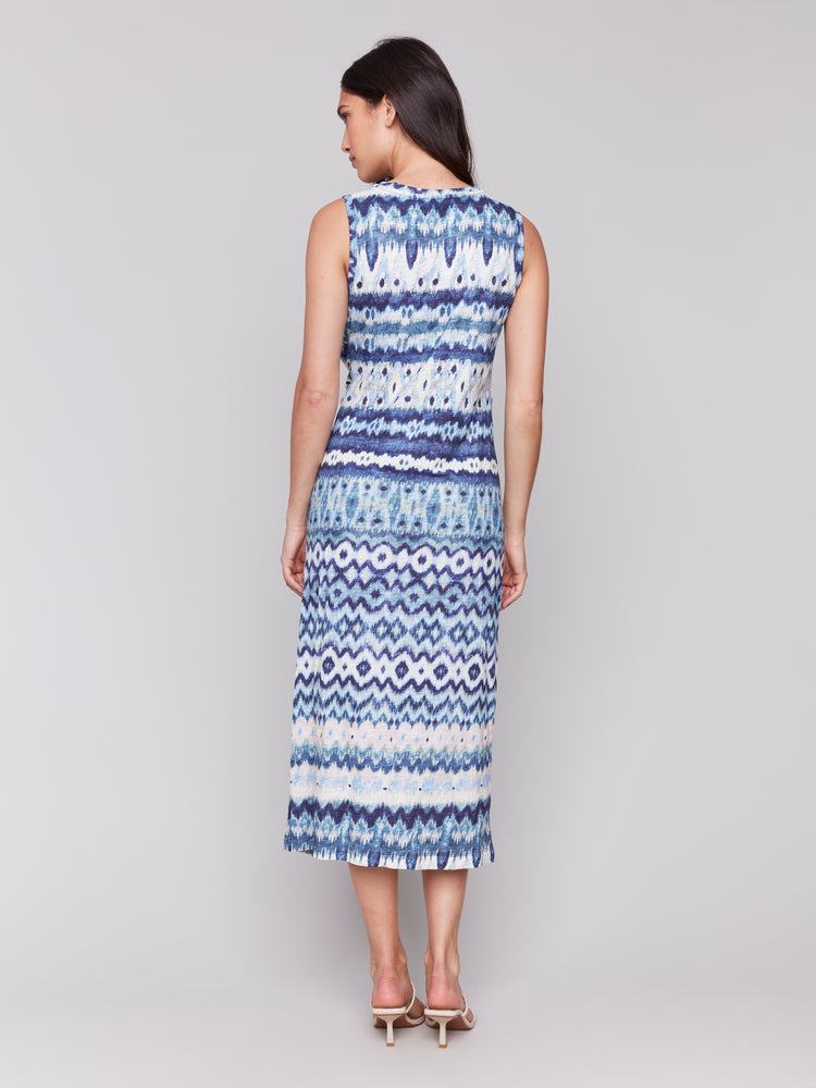 Charlie B Spring/Summer 2025-C3206-251B-Sleeveless Round Neck Dress W/Faux Knot Detail-Lake Tahoe