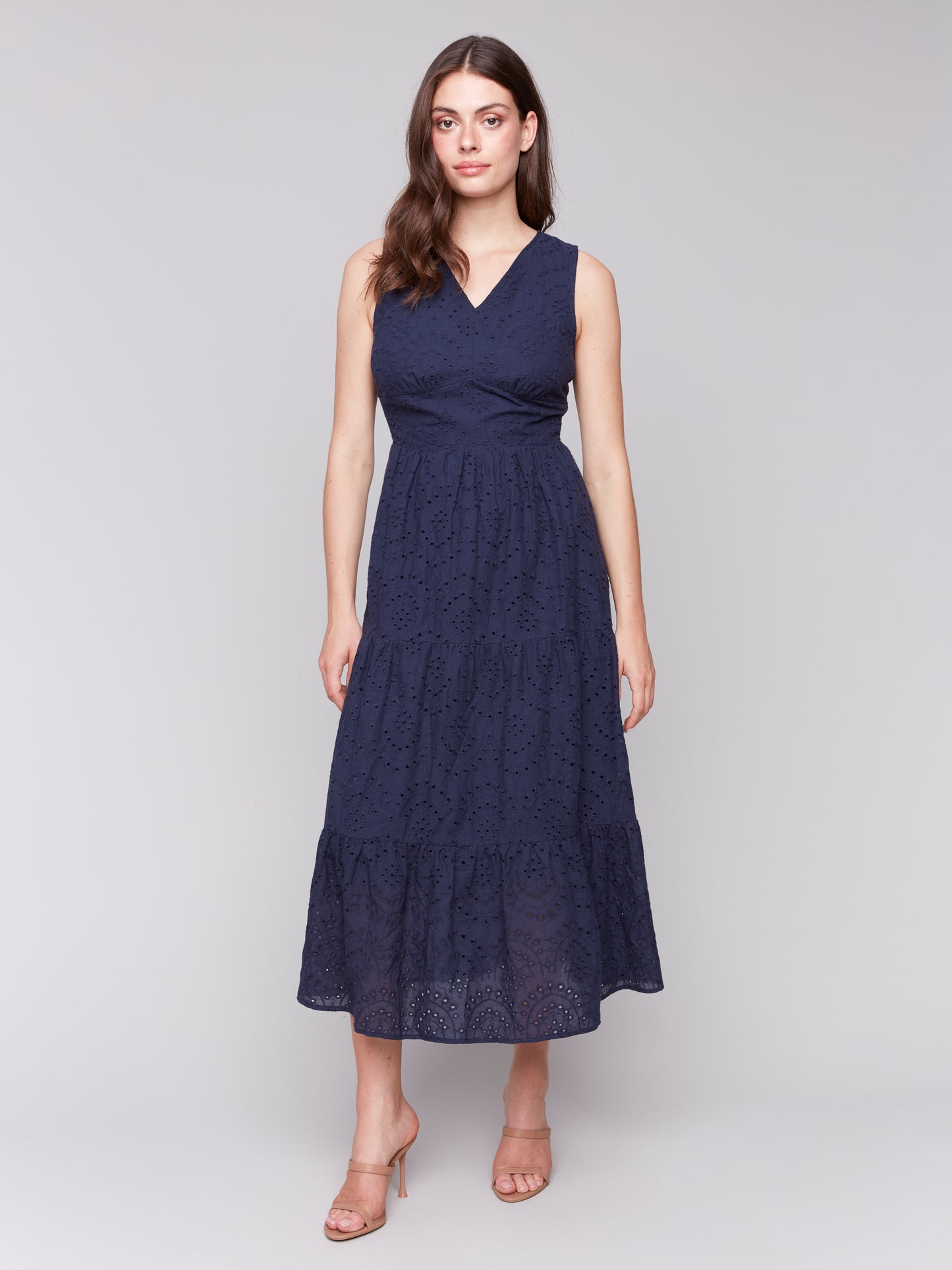 Charlie B Spring/Summer 2025-C3208-117-Long Eyelet Dress W/Elastic Waistband At Back-Navy - The Coach Pyramids