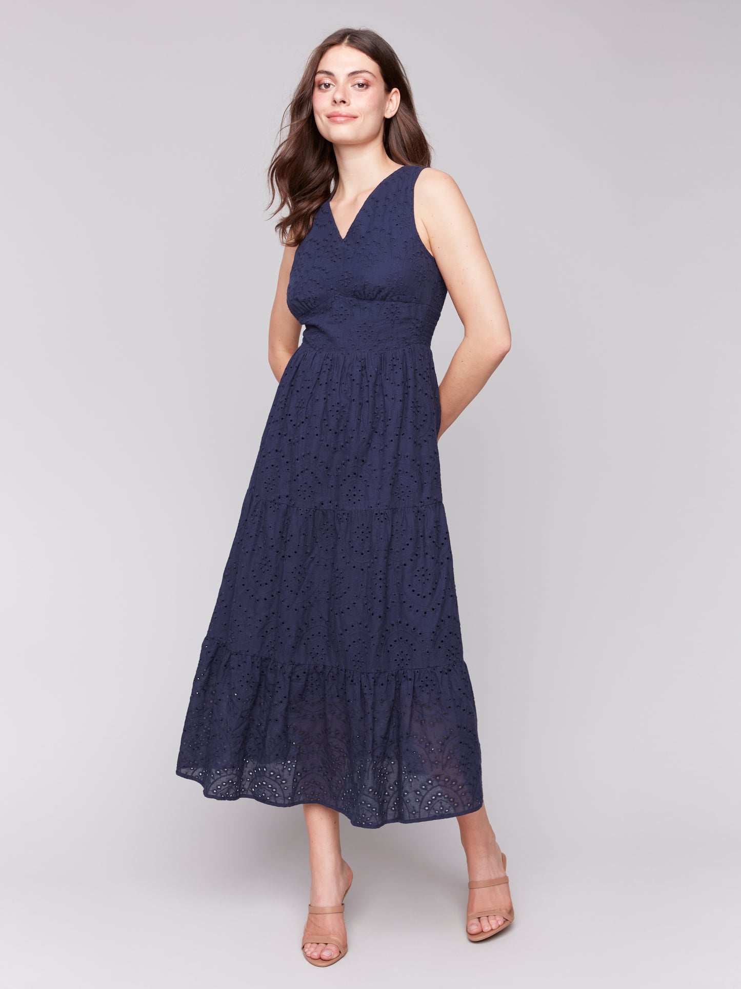 Charlie B Spring/Summer 2025-C3208-117-Long Eyelet Dress W/Elastic Waistband At Back-Navy - The Coach Pyramids