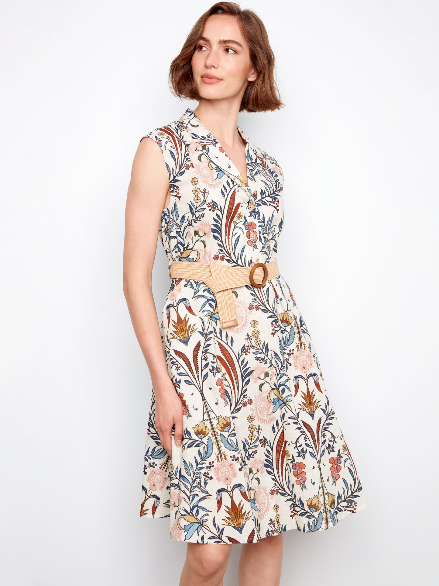 Charlie B-C3224B-P143-Printed Linen Cap Sleeve Dress W/Straw Belt-Bella - The Coach Pyramids