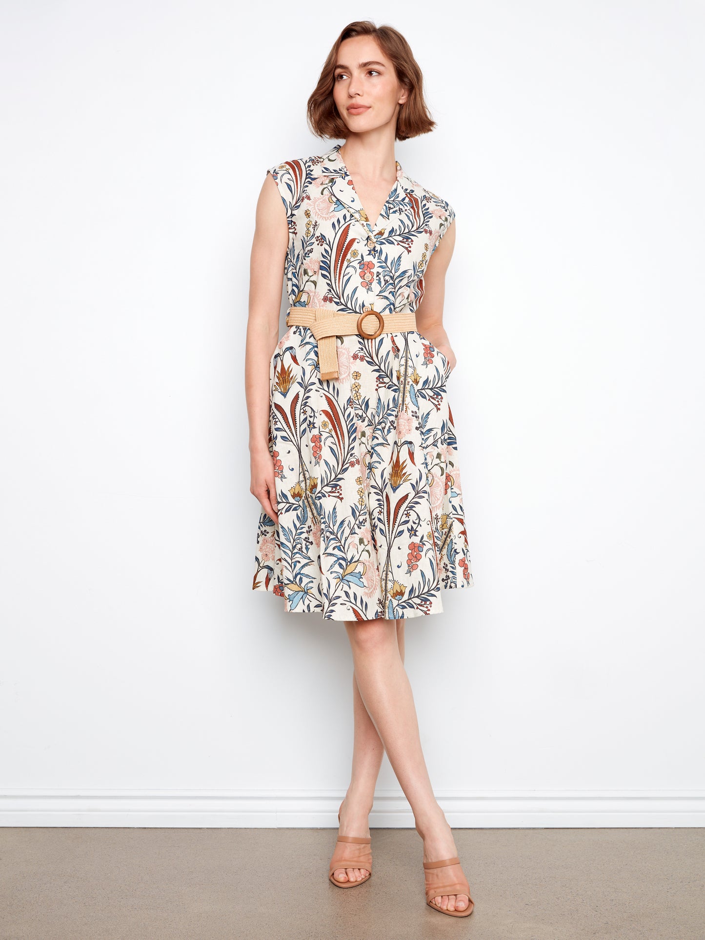 Charlie B-C3224B-P143-Printed Linen Cap Sleeve Dress W/Straw Belt-Bella - The Coach Pyramids