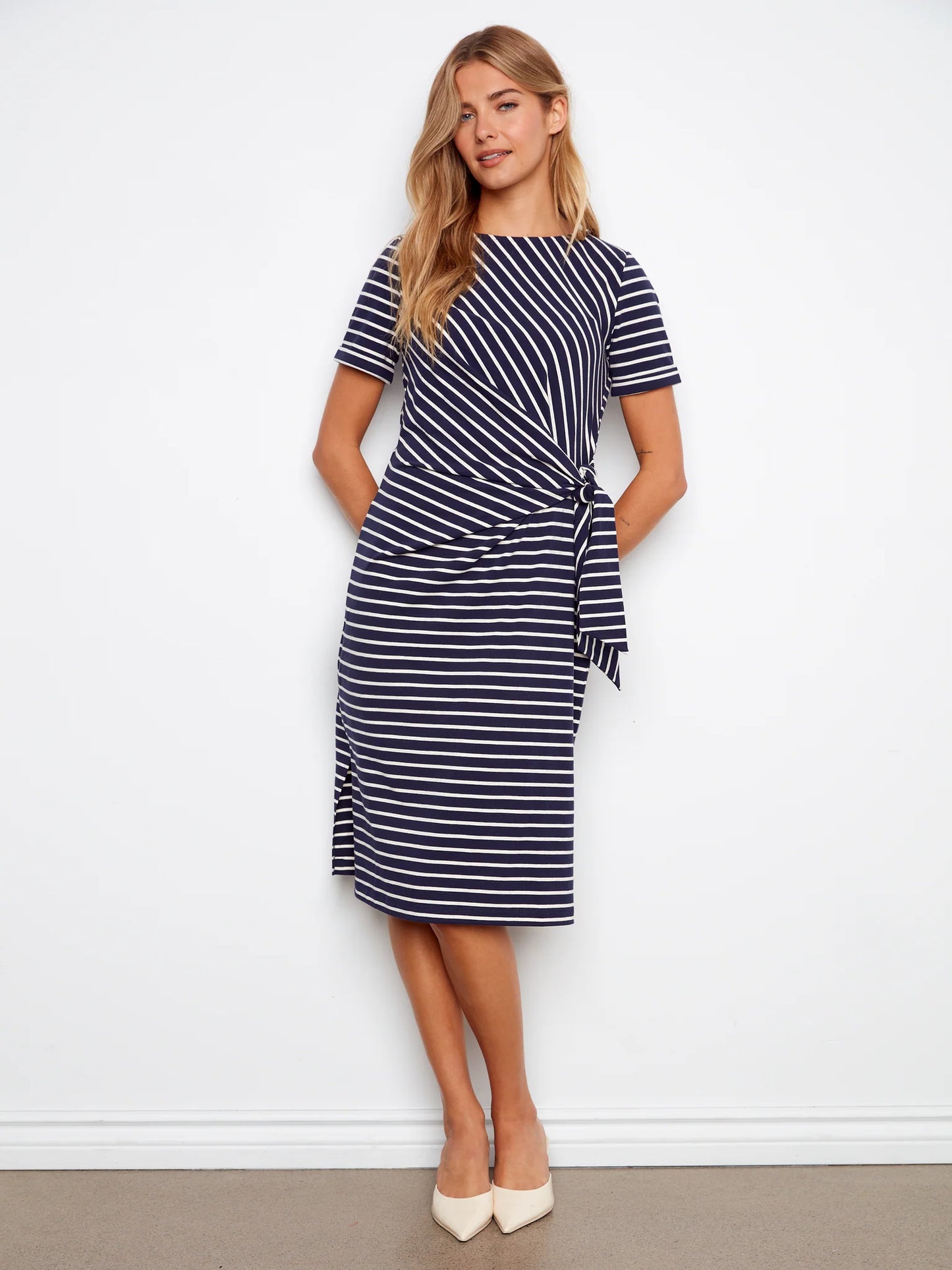 Charlie B-C3250T-P117-Striped Boat Neck Dress W/Tie-Navy - The Coach Pyramids