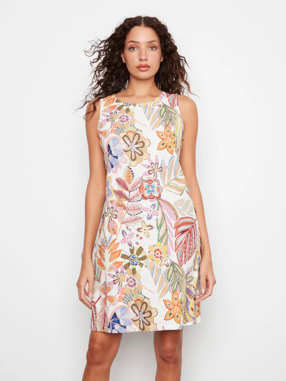 Charlie B-C3254P-P509-Printed Sleeveless Shift Dress W/Side Button Detail-Maui - The Coach Pyramids