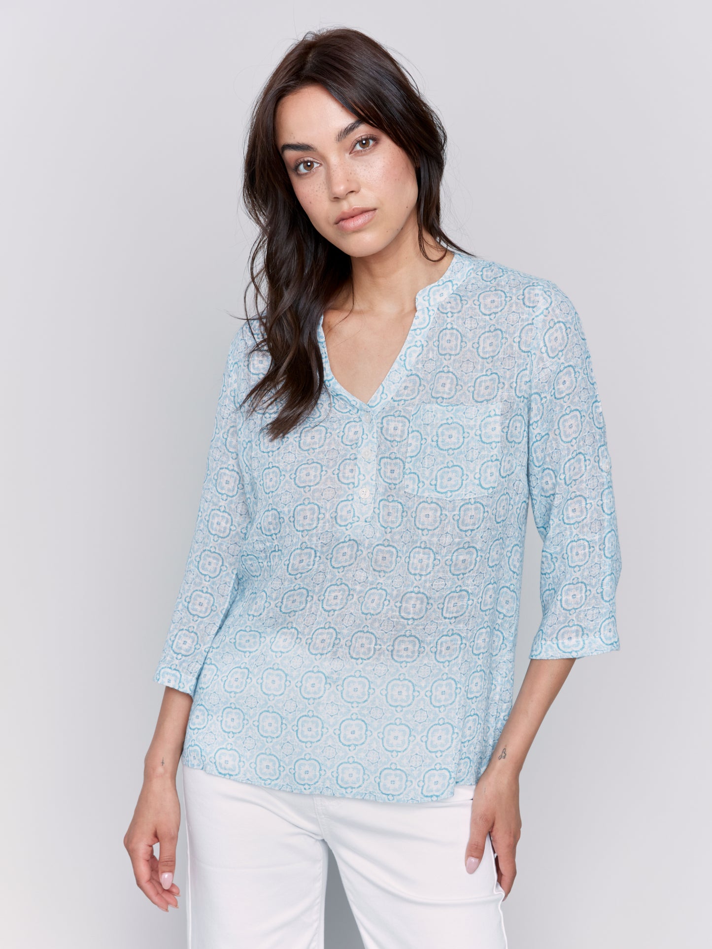 Charlie B Spring/Summer 2025-C4188A-P827-Printed Roll Up Sleeve Cotton Gauze Blouse-Tiles - The Coach Pyramids