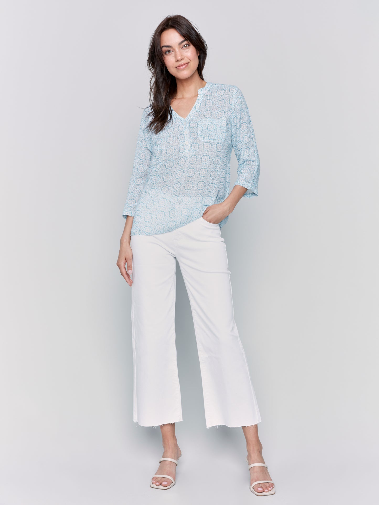 Charlie B Spring/Summer 2025-C4188A-P827-Printed Roll Up Sleeve Cotton Gauze Blouse-Tiles - The Coach Pyramids