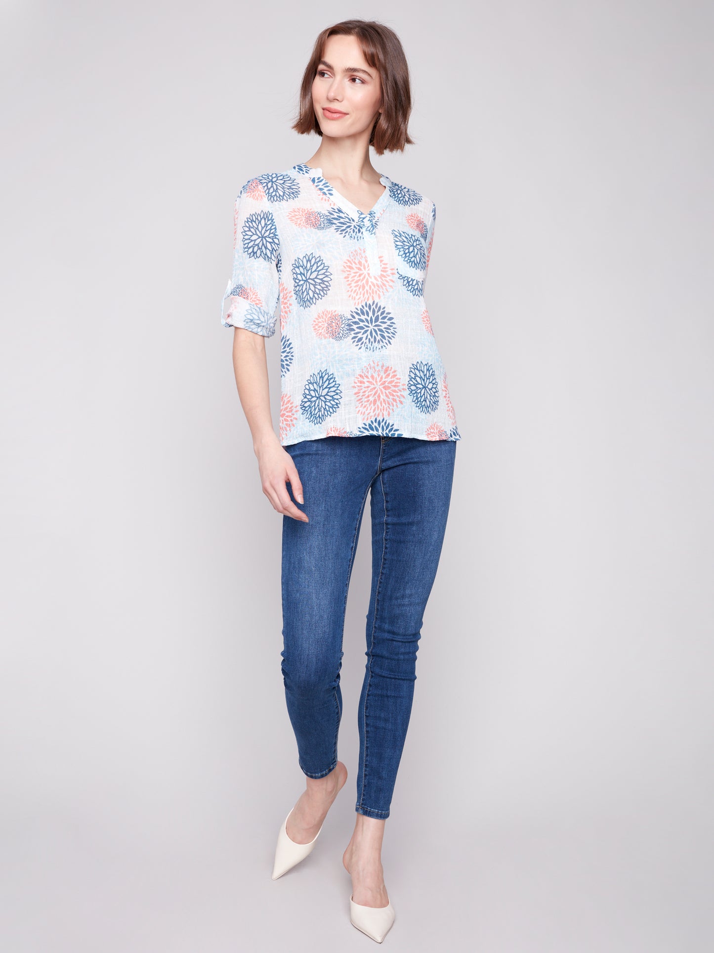 Charlie B Spring/Summer 2025-C4188A-P827-Printed Roll Up Sleeve Cotton Gauze Blouse-Jasmine - The Coach Pyramids
