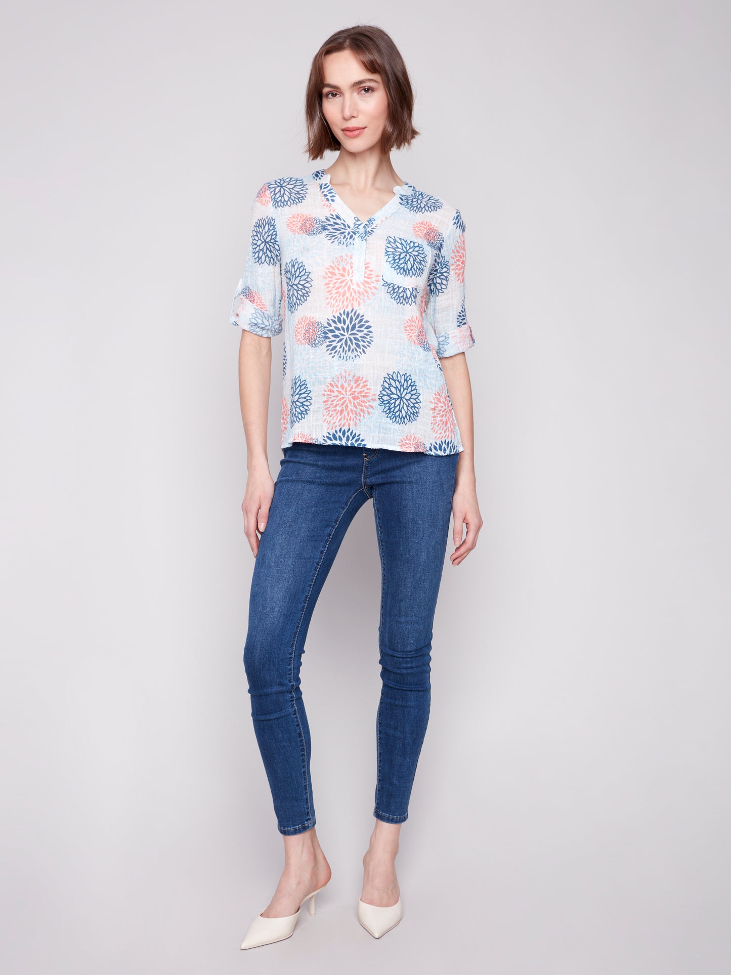 Charlie B Spring/Summer 2025-C4188A-P827-Printed Roll Up Sleeve Cotton Gauze Blouse-Jasmine - The Coach Pyramids