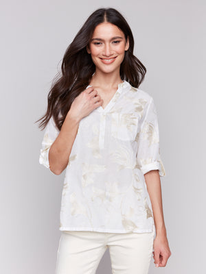 Charlie B Spring/Summer 2025-C4188T-P515-Embroidered Roll Up 3/4 Sleeve Popover Blouse-Gold