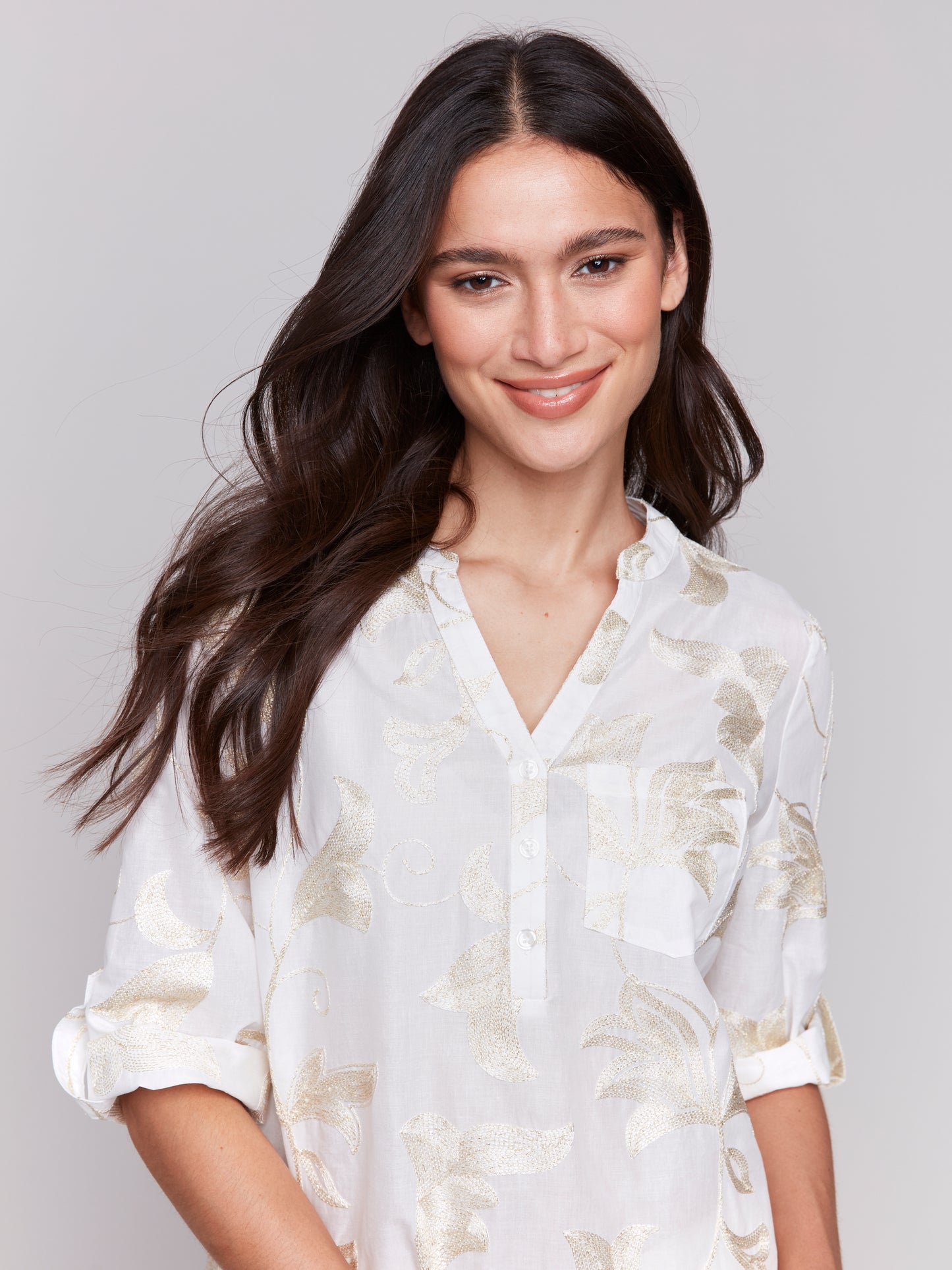 Charlie B Spring/Summer 2025-C4188T-P515-Embroidered Roll Up 3/4 Sleeve Popover Blouse-Gold - The Coach Pyramids