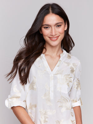 Charlie B Spring/Summer 2025-C4188T-P515-Embroidered Roll Up 3/4 Sleeve Popover Blouse-Gold