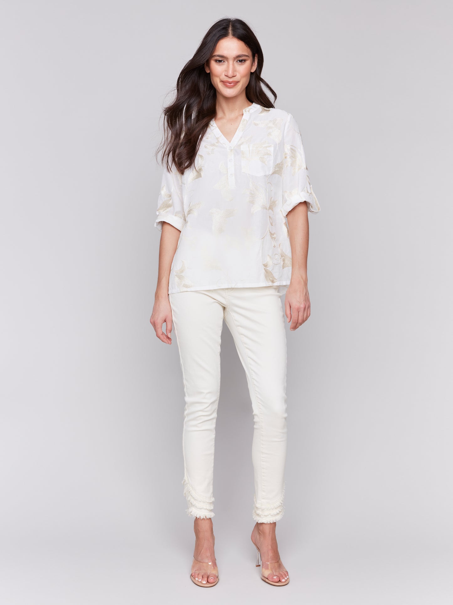 Charlie B Spring/Summer 2025-C4188T-P515-Embroidered Roll Up 3/4 Sleeve Popover Blouse-Gold - The Coach Pyramids