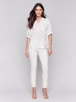 Charlie B Spring/Summer 2025-C4188T-P515-Embroidered Roll Up 3/4 Sleeve Popover Blouse-Gold