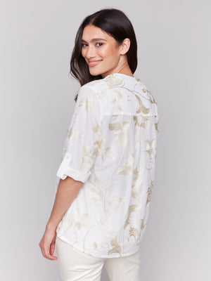 Charlie B Spring/Summer 2025-C4188T-P515-Embroidered Roll Up 3/4 Sleeve Popover Blouse-Gold