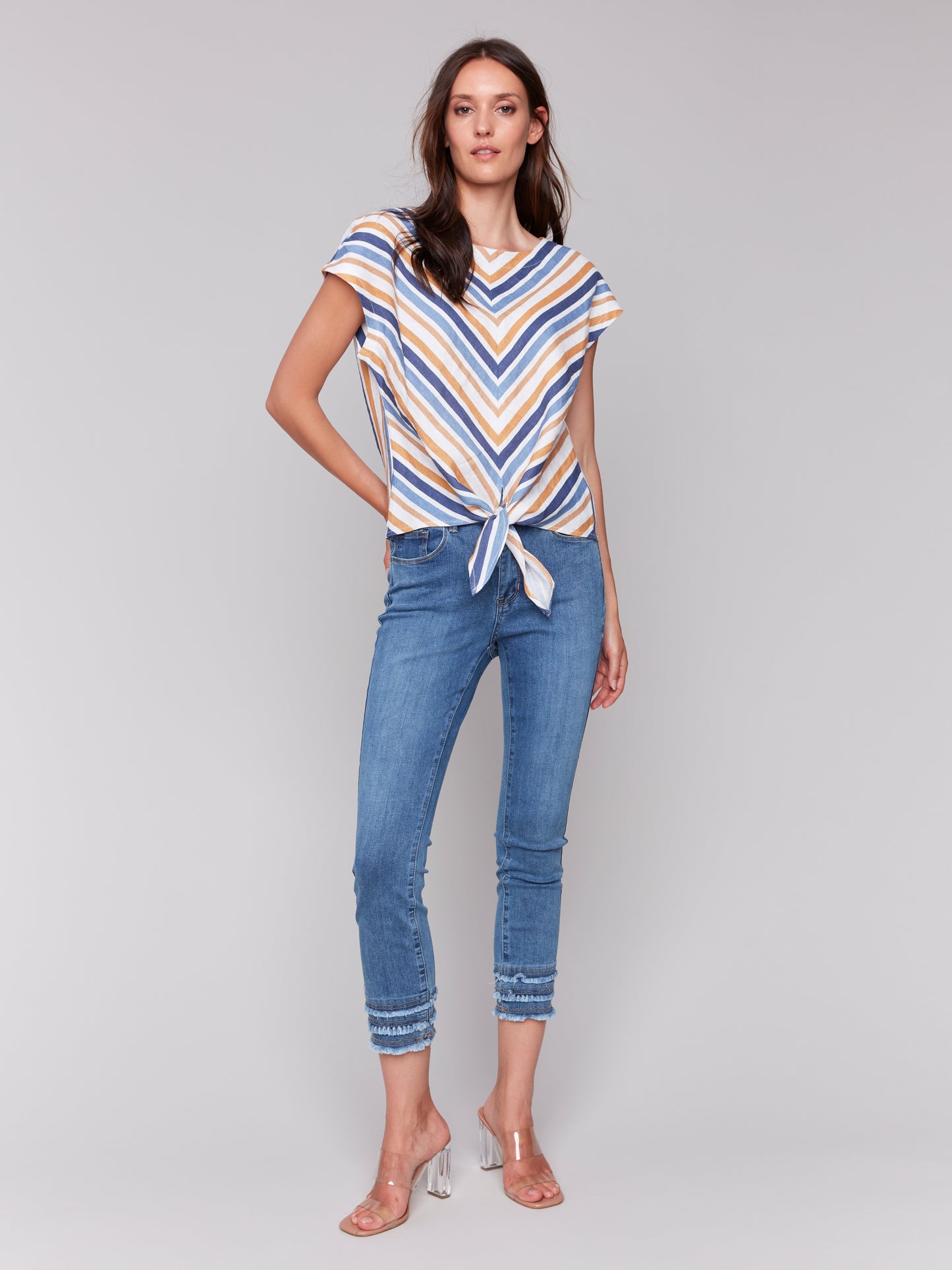 Charlie B Spring/Summer 2025-C4271-P006-Striped Cap Sleeve Round Neck Front Tie Top-Denim - The Coach Pyramids