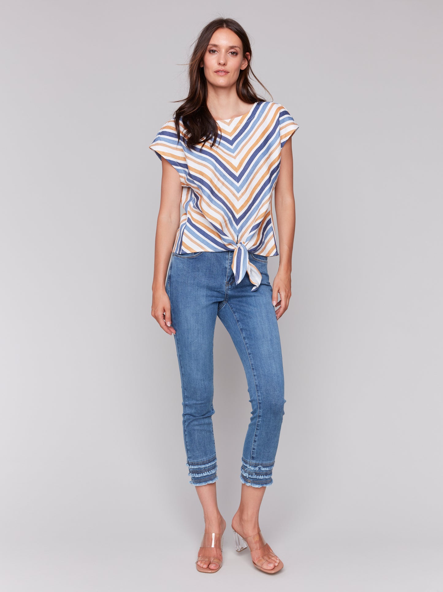 Charlie B Spring/Summer 2025-C4271-P006-Striped Cap Sleeve Round Neck Front Tie Top-Denim - The Coach Pyramids