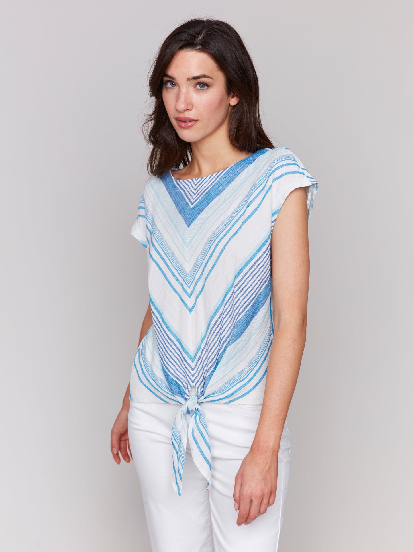 Charlie B Spring/Summer 2025-C4271-P392-Striped Cap Sleeve Round Neck Front Tie Top-Coastal - The Coach Pyramids