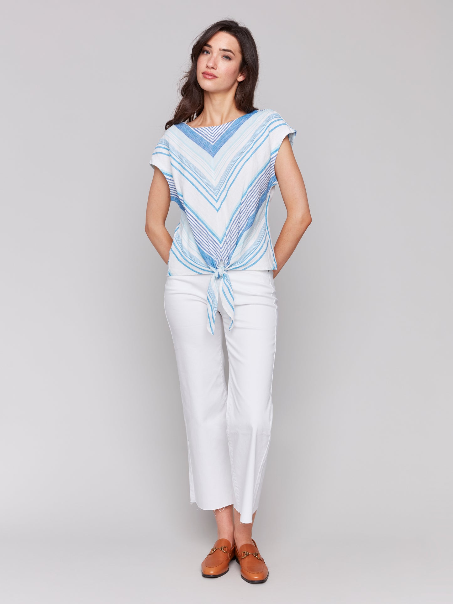 Charlie B Spring/Summer 2025-C4271-P392-Striped Cap Sleeve Round Neck Front Tie Top-Coastal - The Coach Pyramids