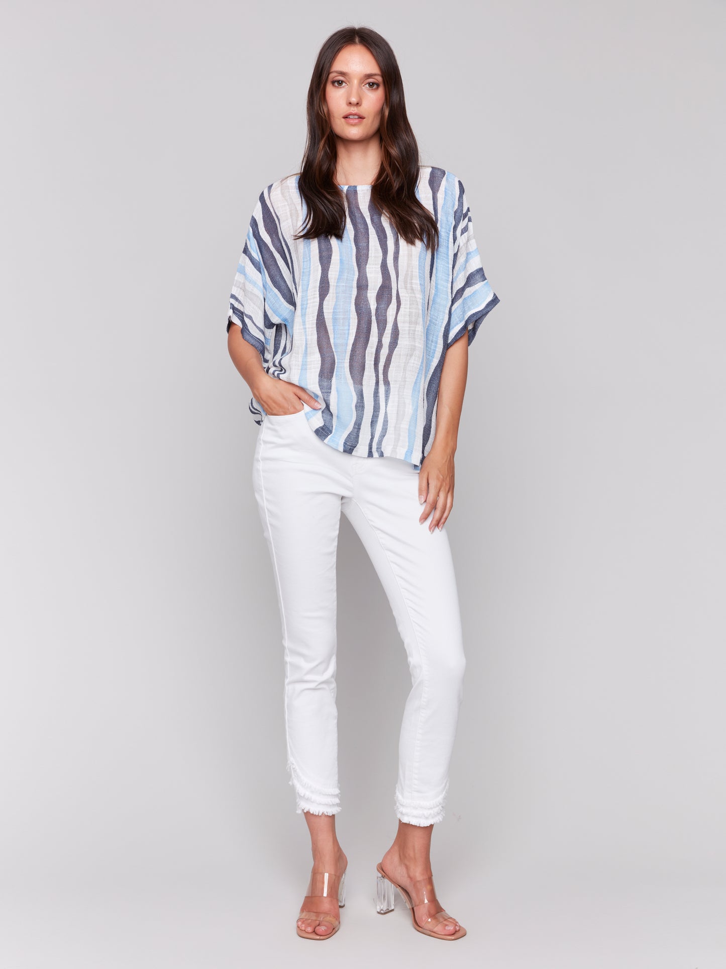 Charlie B Spring/Summer 2025-C4296A-P854-Printed Dolman Cotton Blouse-Surf - The Coach Pyramids
