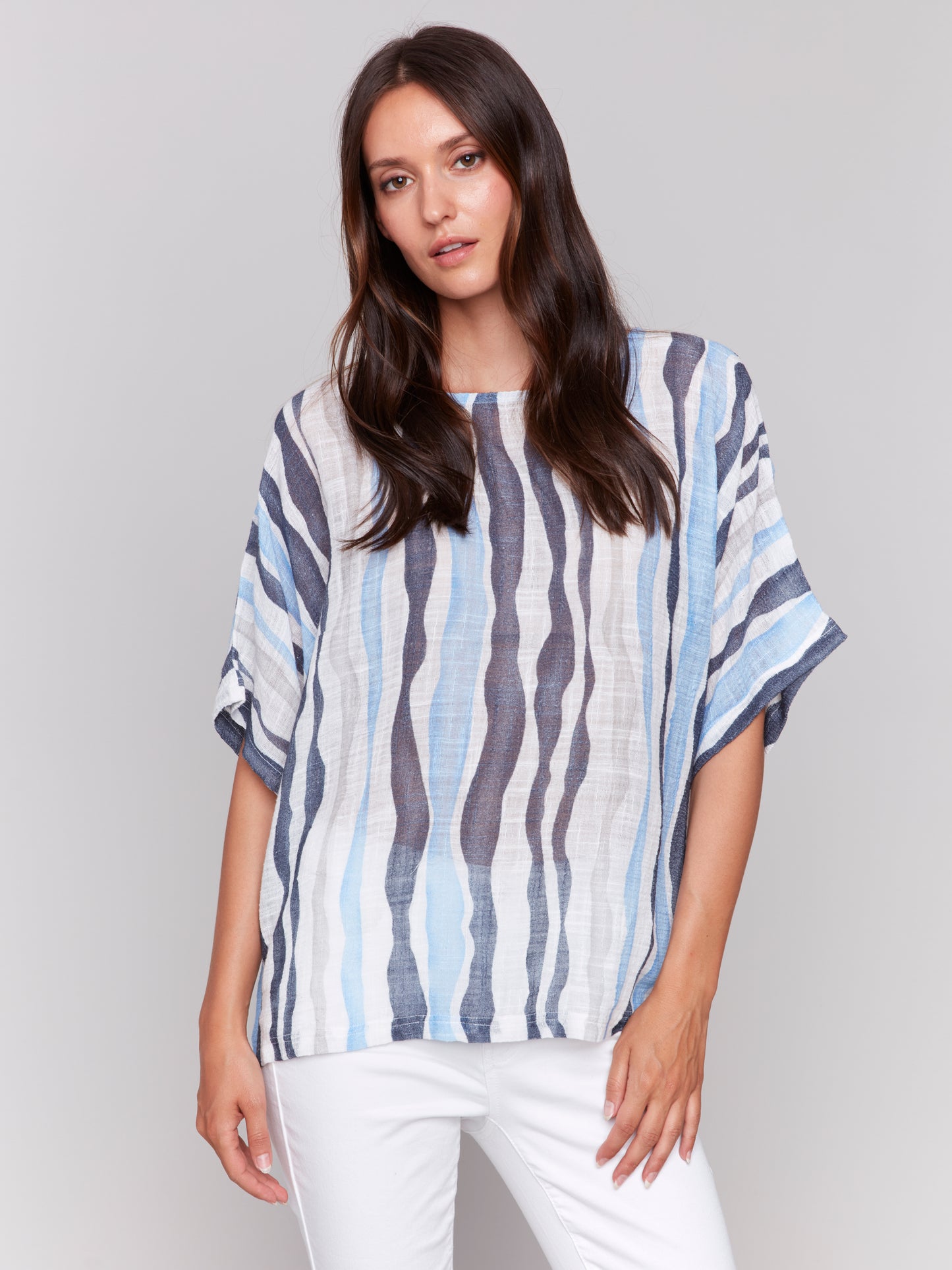 Charlie B Spring/Summer 2025-C4296A-P854-Printed Dolman Cotton Blouse-Surf - The Coach Pyramids