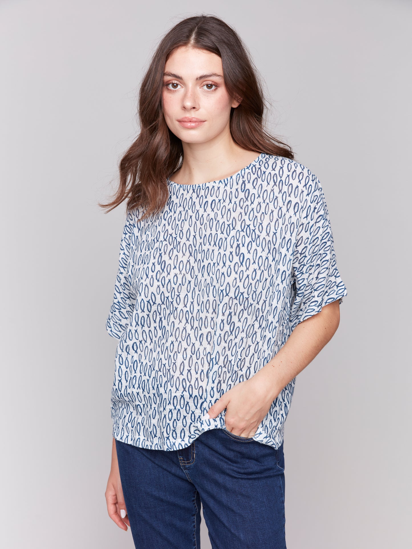Charlie B Spring/Summer 2025-C4296A-P855-Printed Dolman Cotton Blouse-Fish - The Coach Pyramids