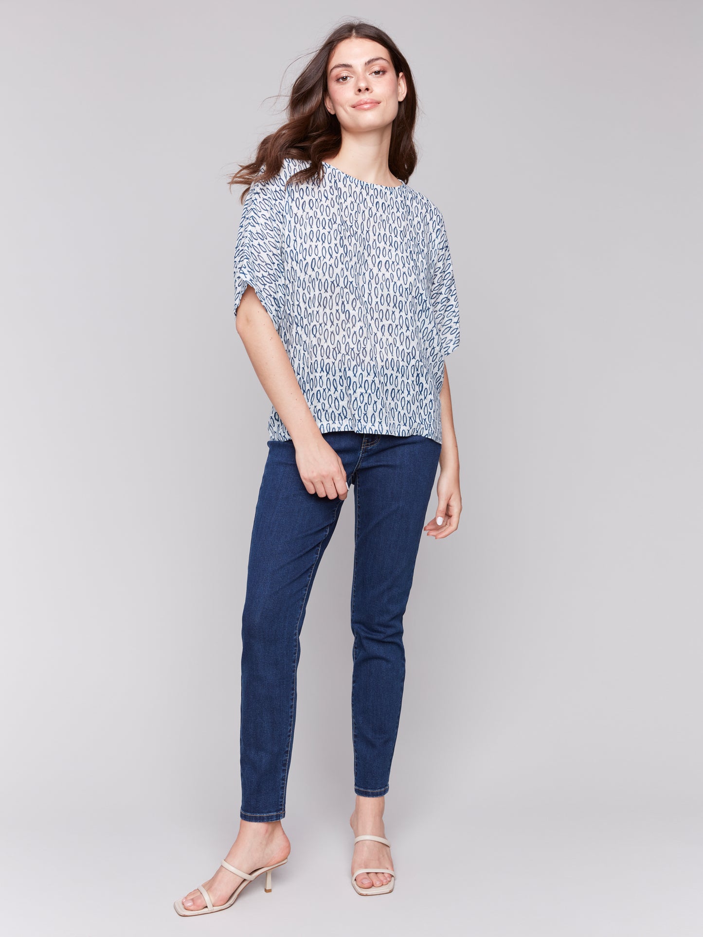 Charlie B Spring/Summer 2025-C4296A-P855-Printed Dolman Cotton Blouse-Fish - The Coach Pyramids