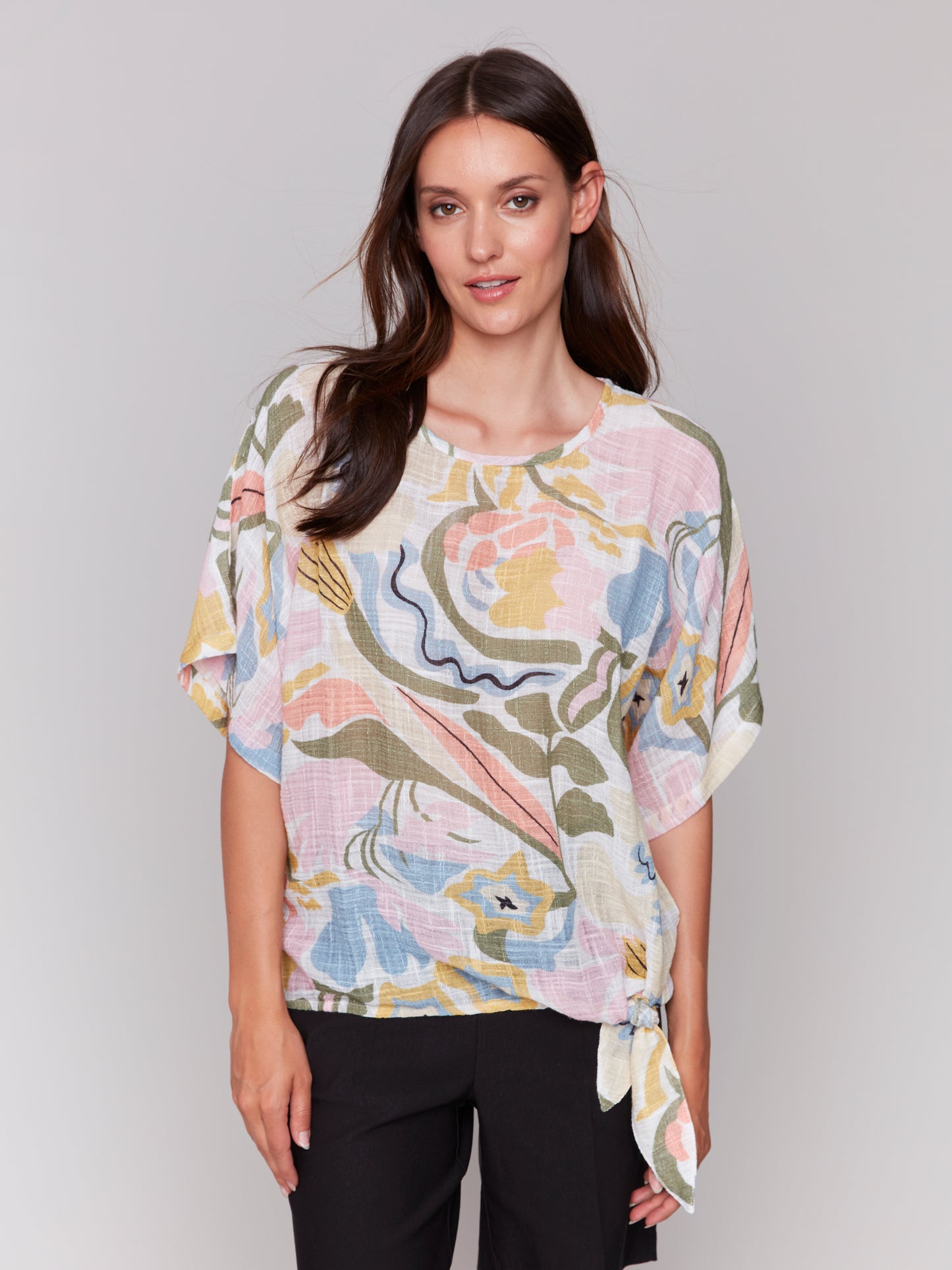 Charlie B Spring/Summer 2025-C4403AD-P328-Digital Print Dolman Blouse W/Bottom Tie-Pastel - The Coach Pyramids