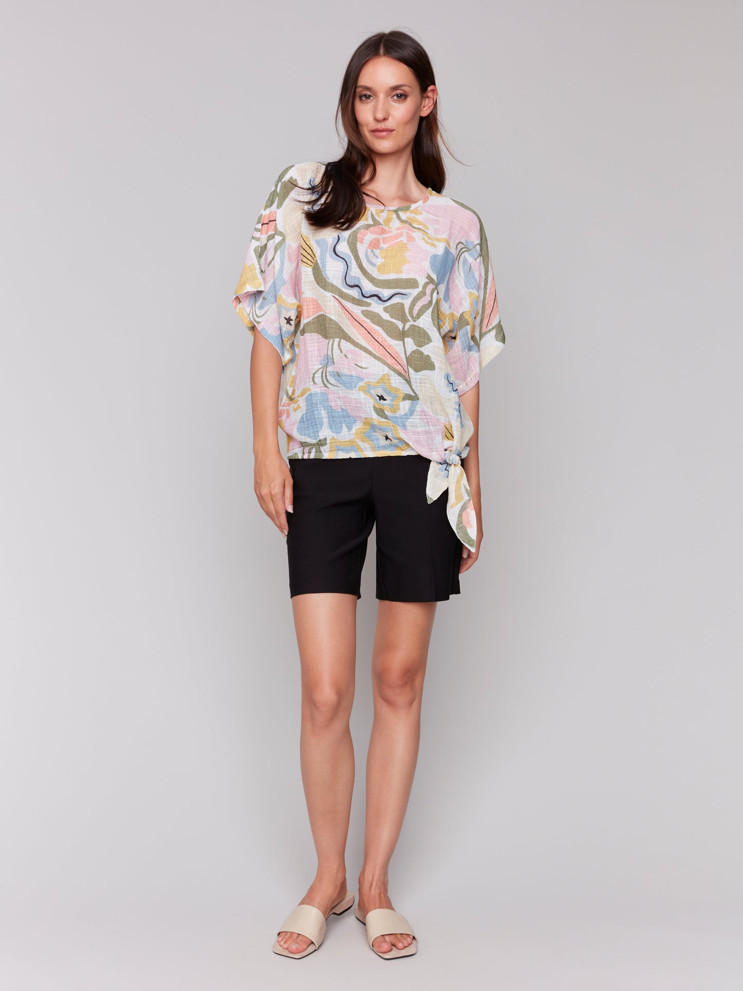 Charlie B Spring/Summer 2025-C4403AD-P328-Digital Print Dolman Blouse W/Bottom Tie-Pastel - The Coach Pyramids