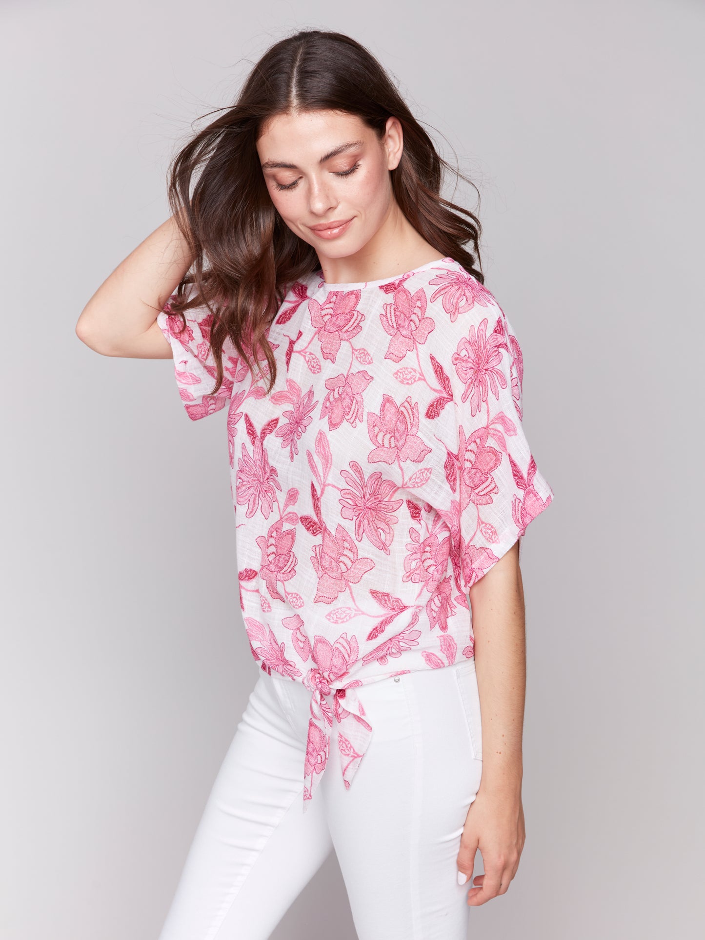 Charlie B Spring/Summer 2025-C4403A-P822-Dolman Cotton Blouse W/Bottom Tie-Enchanted - The Coach Pyramids