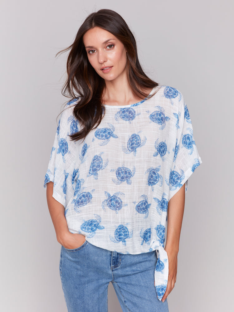 Charlie B Spring/Summer 2025-C4403A-P845-Printed Dolman Sleeve W/Side Tie-Turtle