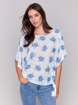 Charlie B Spring/Summer 2025-C4403A-P845-Printed Dolman Sleeve W/Side Tie-Turtle