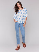 Charlie B Spring/Summer 2025-C4403A-P845-Printed Dolman Sleeve W/Side Tie-Turtle