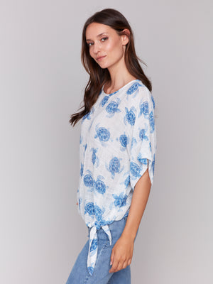 Charlie B Spring/Summer 2025-C4403A-P845-Printed Dolman Sleeve W/Side Tie-Turtle