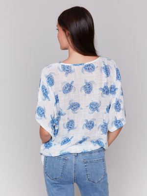 Charlie B Spring/Summer 2025-C4403A-P845-Printed Dolman Sleeve W/Side Tie-Turtle