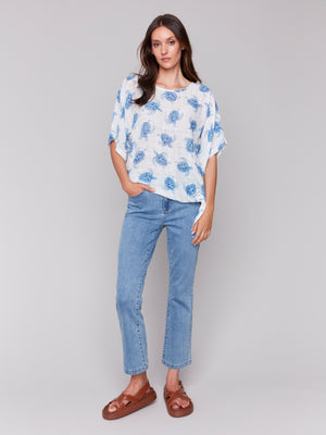 Charlie B Spring/Summer 2025-C4403A-P845-Printed Dolman Sleeve W/Side Tie-Turtle