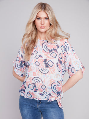 Charlie B Spring/Summer 2024-C4403Y-274C-Printed Blouse W/Side Tie-Scribble - The Coach Pyramids