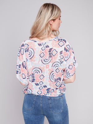 Charlie B Spring/Summer 2024-C4403Y-274C-Printed Blouse W/Side Tie-Scribble - The Coach Pyramids