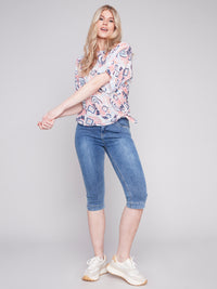 Charlie B Spring/Summer 2024-C4403Y-274C-Printed Blouse W/Side Tie-Scribble - The Coach Pyramids