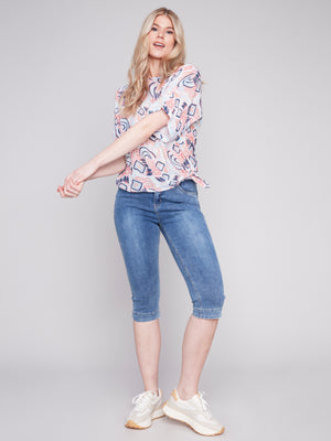 Charlie B Spring/Summer 2024-C4403Y-274C-Printed Blouse W/Side Tie-Scribble - The Coach Pyramids