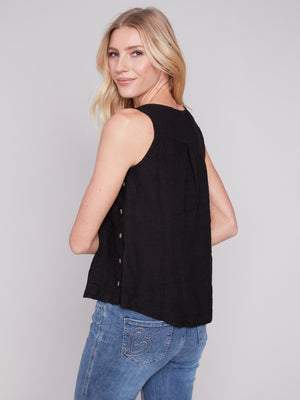 Charlie B Spring/Summer 2024-C4425RR-035B-Sleeveless Linen Blouse-Black - The Coach Pyramids