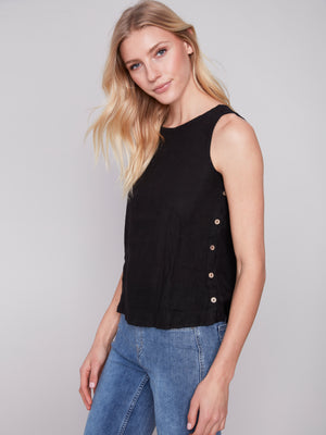 Charlie B Spring/Summer 2024-C4425RR-035B-Sleeveless Linen Blouse-Black - The Coach Pyramids