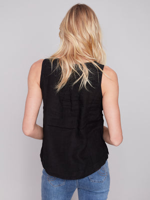 Charlie B Spring/Summer 2024-C4425RR-035B-Sleeveless Linen Blouse-Black - The Coach Pyramids