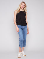 Charlie B Spring/Summer 2024-C4425RR-035B-Sleeveless Linen Blouse-Black - The Coach Pyramids