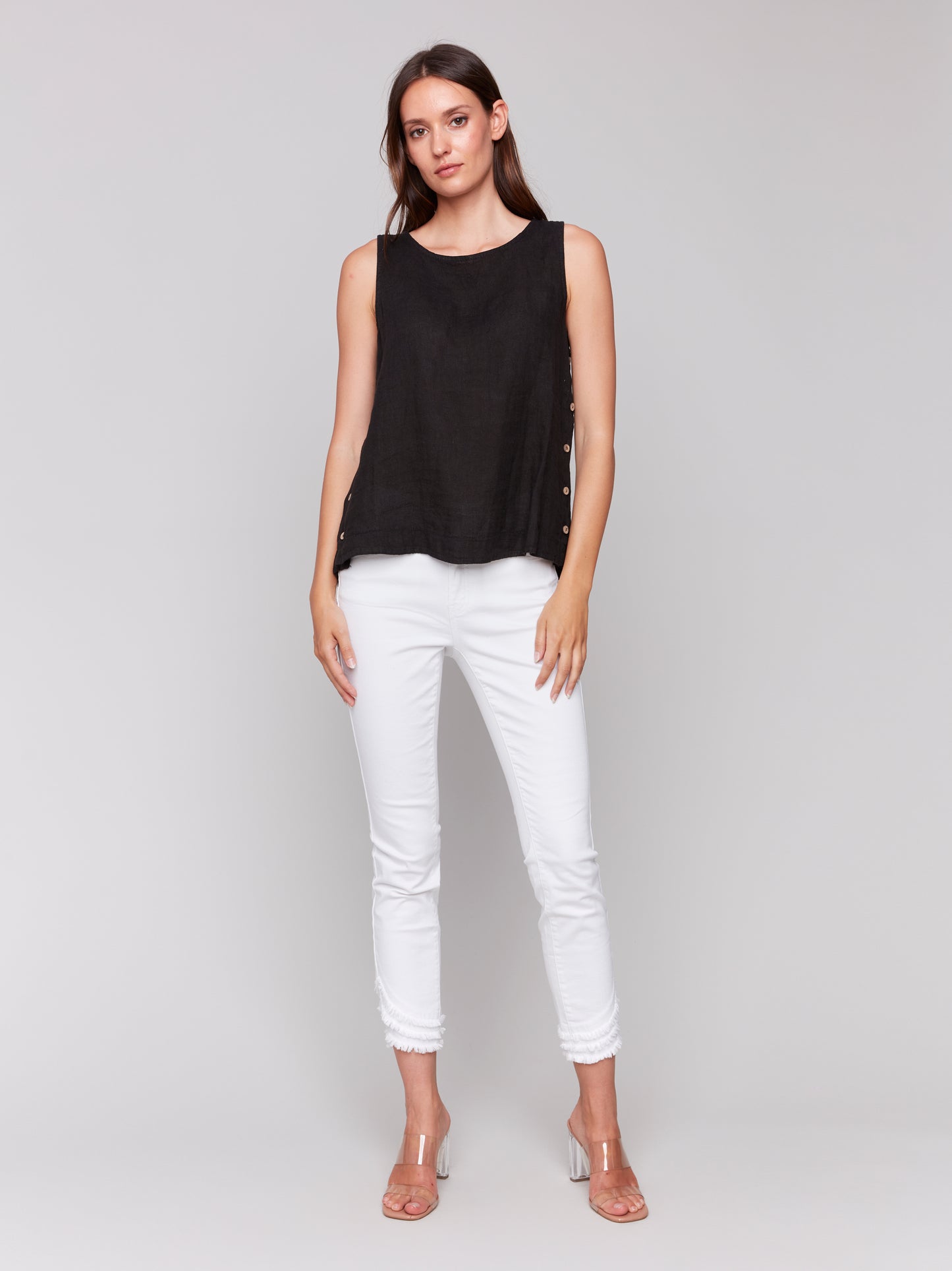Charlie B Spring/Summer 2025-C4425T-001-Solid Sleeveless Round Neck Linen Blouse-Black - The Coach Pyramids