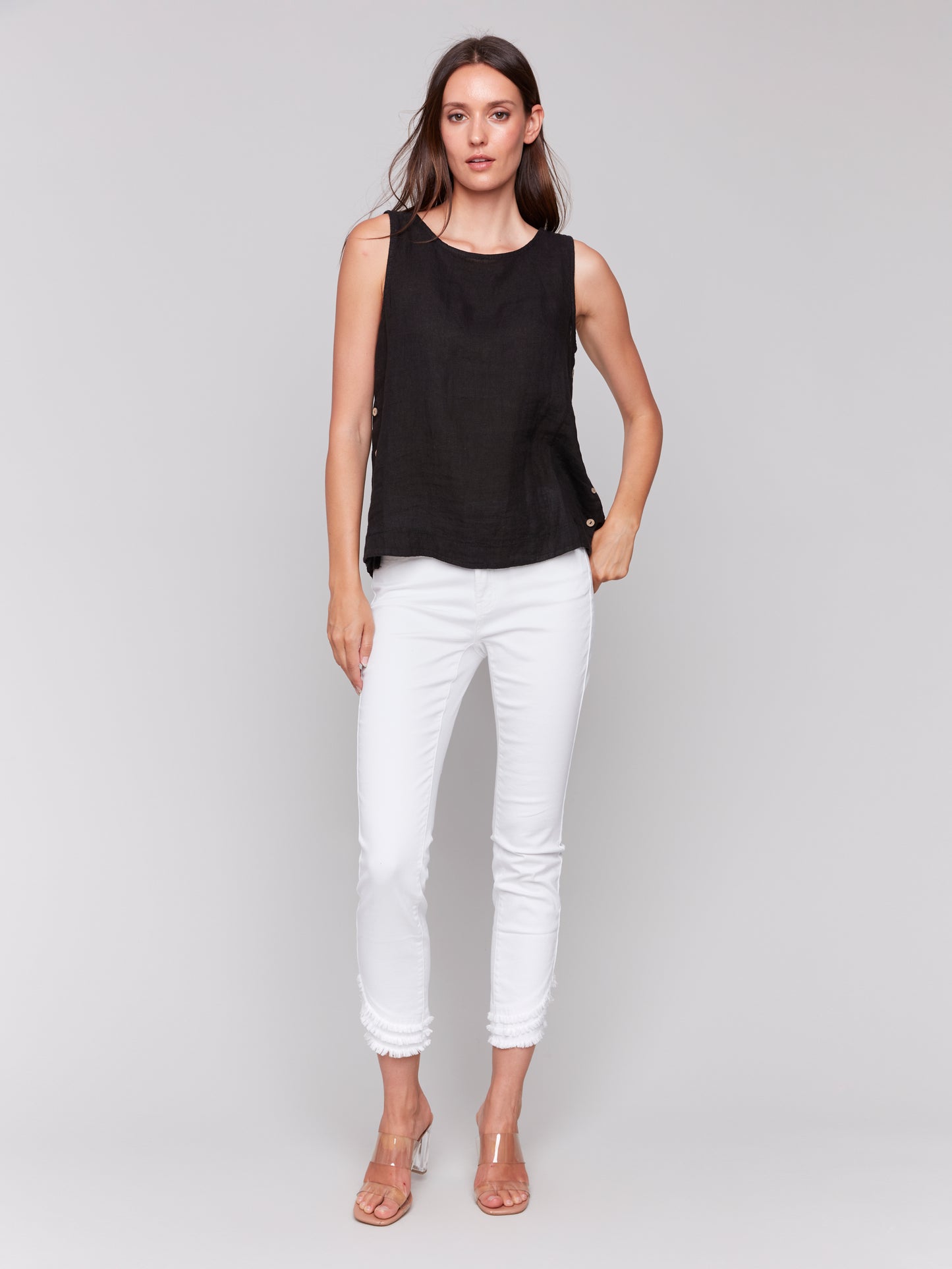 Charlie B Spring/Summer 2025-C4425T-001-Solid Sleeveless Round Neck Linen Blouse-Black - The Coach Pyramids