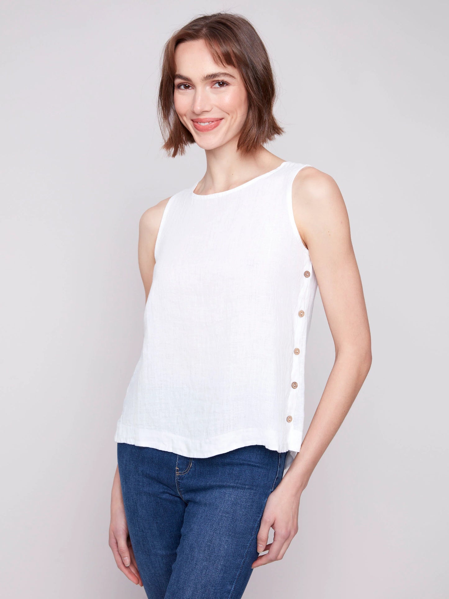 Charlie B-C4425TR-405-Linen Sleeveless Blouse W/Side Buttons-Peony - The Coach Pyramids