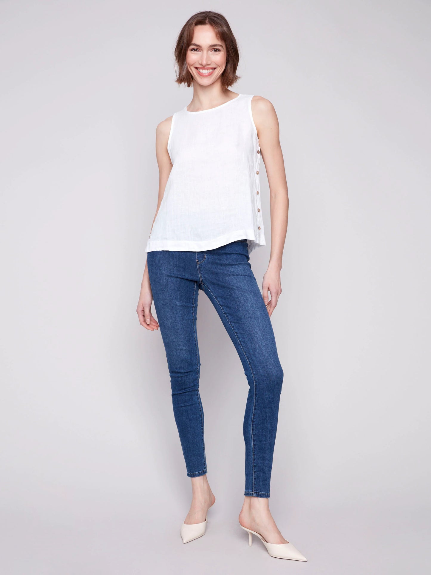 Charlie B-C4425TR-405-Linen Sleeveless Blouse W/Side Buttons-Peony - The Coach Pyramids