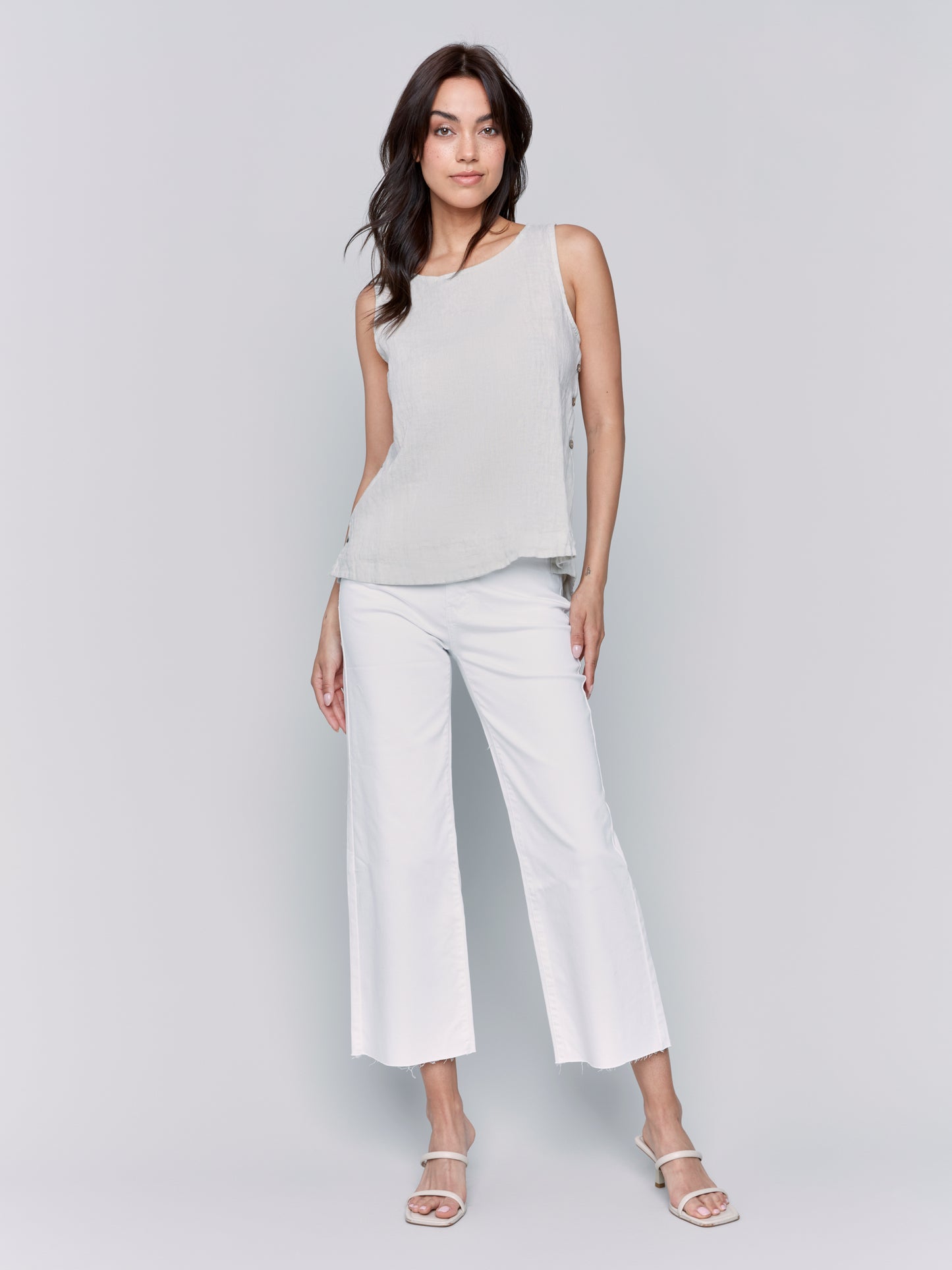 Charlie B Spring/Summer 2025-C4425T-100-Sleeveless Linen Top W/Side Buttons-Natural - The Coach Pyramids