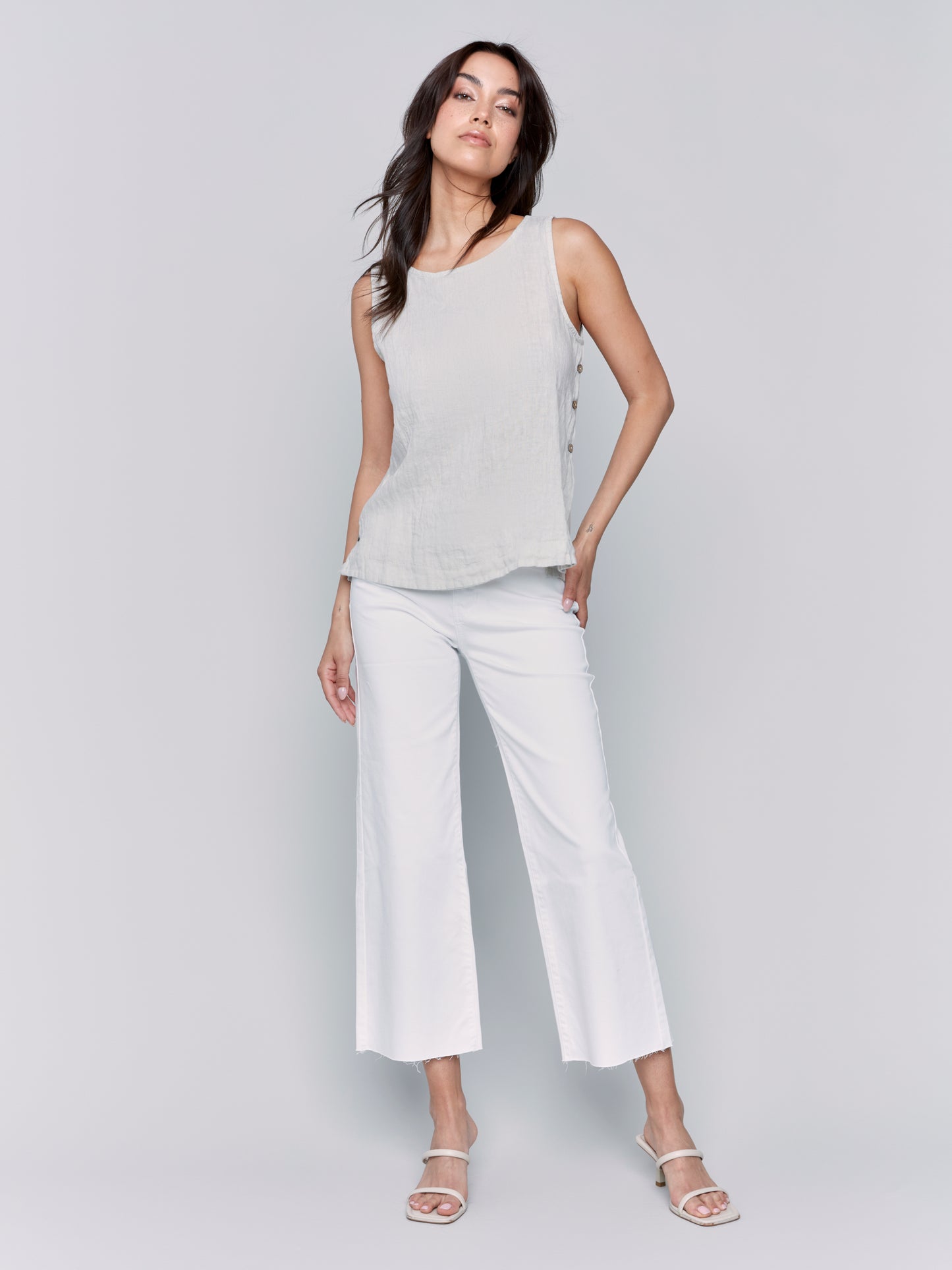 Charlie B Spring/Summer 2025-C4425T-100-Sleeveless Linen Top W/Side Buttons-Natural - The Coach Pyramids