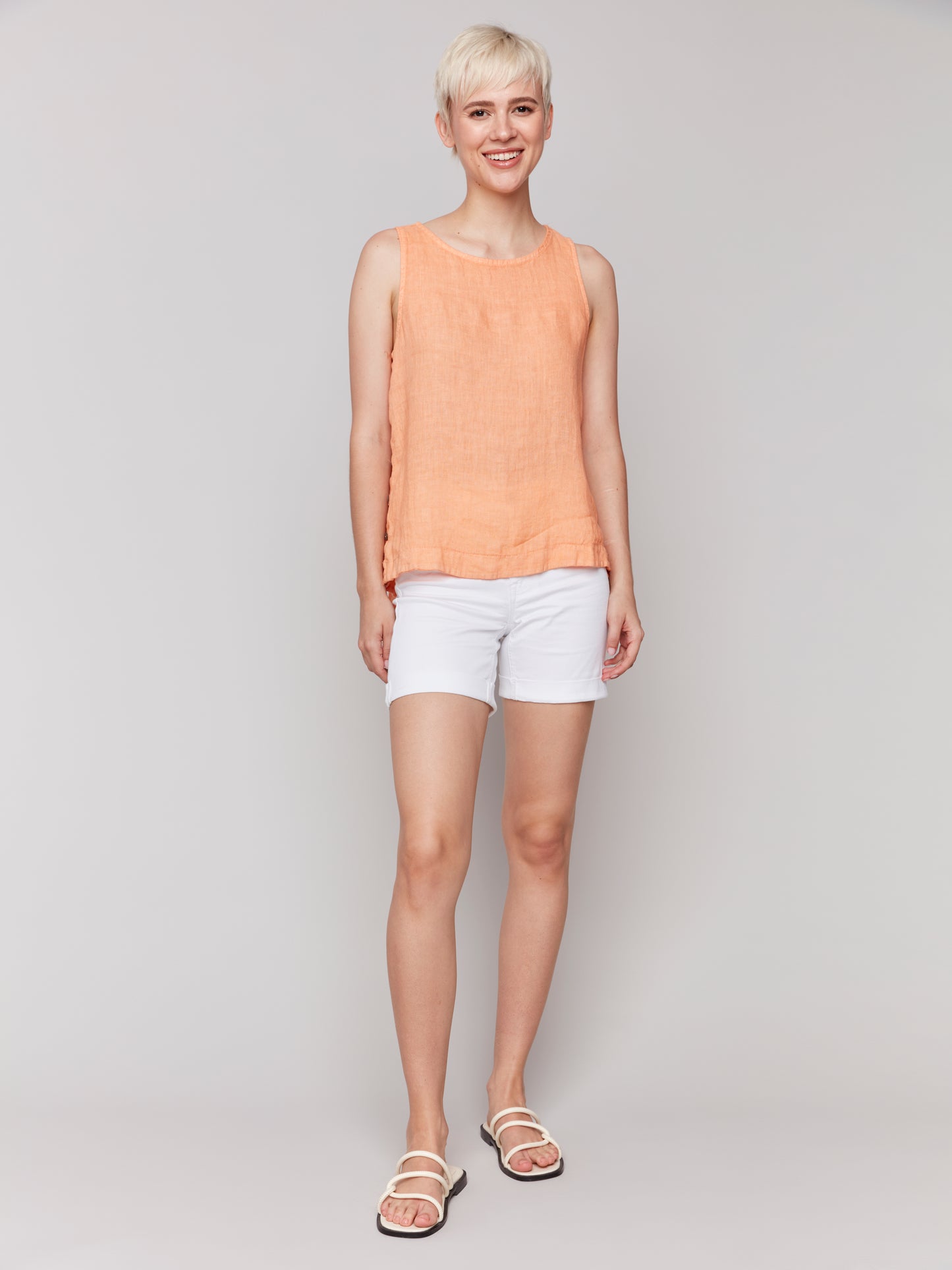 Charlie B Spring/Summer 2025-C4425T-378-Solid Sleeveless Round Neck Linen Blouse-Papaya - The Coach Pyramids